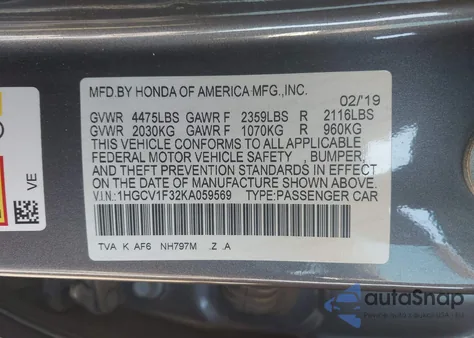 2019 Honda Accord Sport from USA, damaged, VIN 1HGCV1F32KA059569